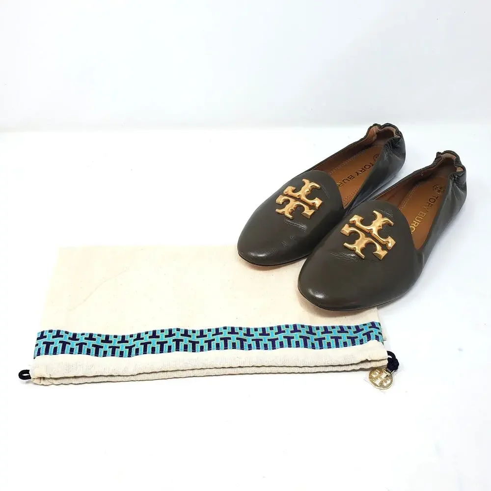 Tory Burch Eleanor Loafers Flat Goat Leather Moss Olive Green Gold 84922 Size 8